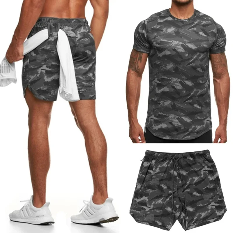 2024 Muscular men popular short-sleeved suit summer new fitness running casual camouflage sportswear two-piece set