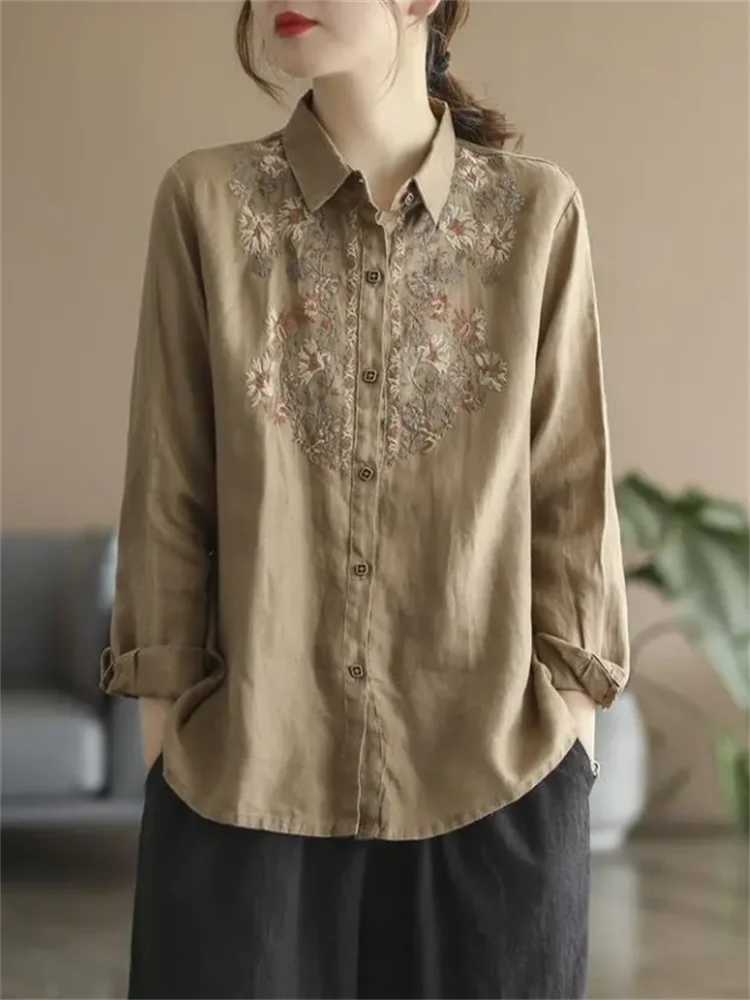 البلوزات الرجعية للنساء قميص وطني القطن قميص كتان فضفاض مطرز بلوزة التلبيب كم طويل سترة قمصان الإناث