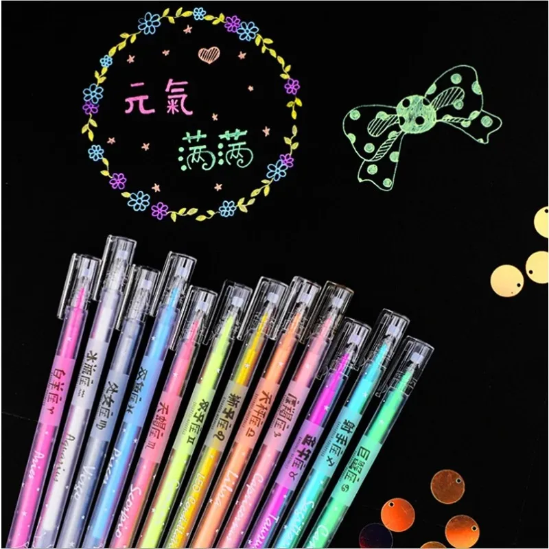 2/8/12Pcs 6 in 1 Rainbow colorful gel pen Highlighters gel Arrow Pen Marker Stationery Colorful Painting Stationery Writing Pen