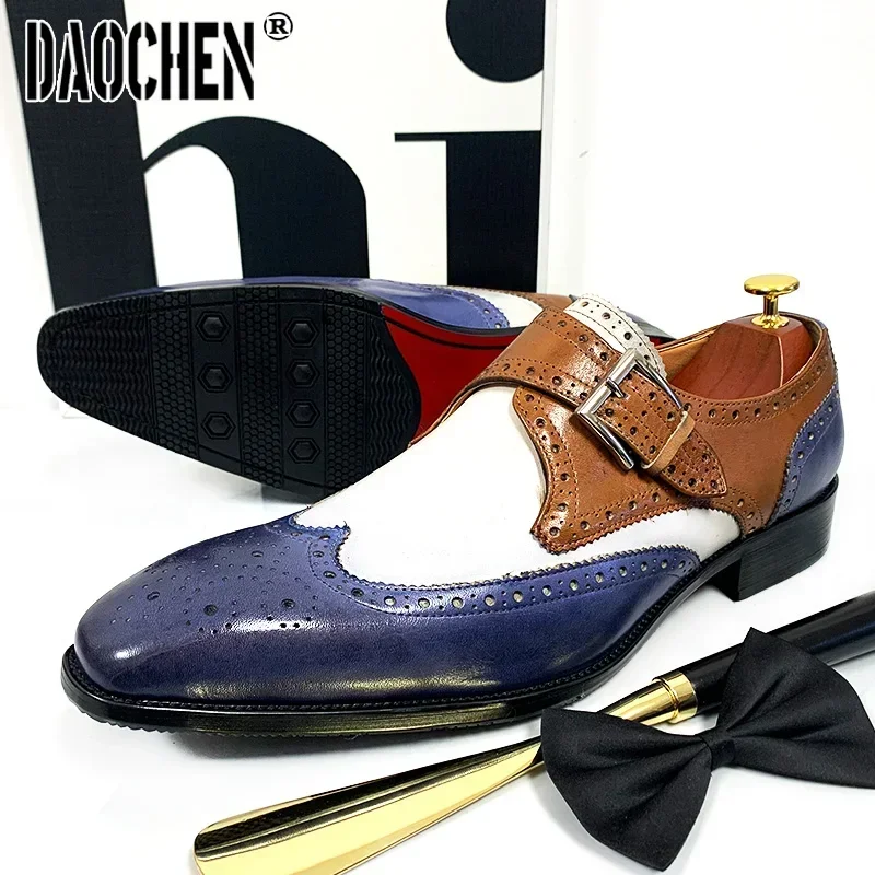 Luxury Brand Men\'s Genuine Leather Shoes Buckle Strap Loafers Casual Mens Dress Shoes Black Office Wedding Shoes For Men