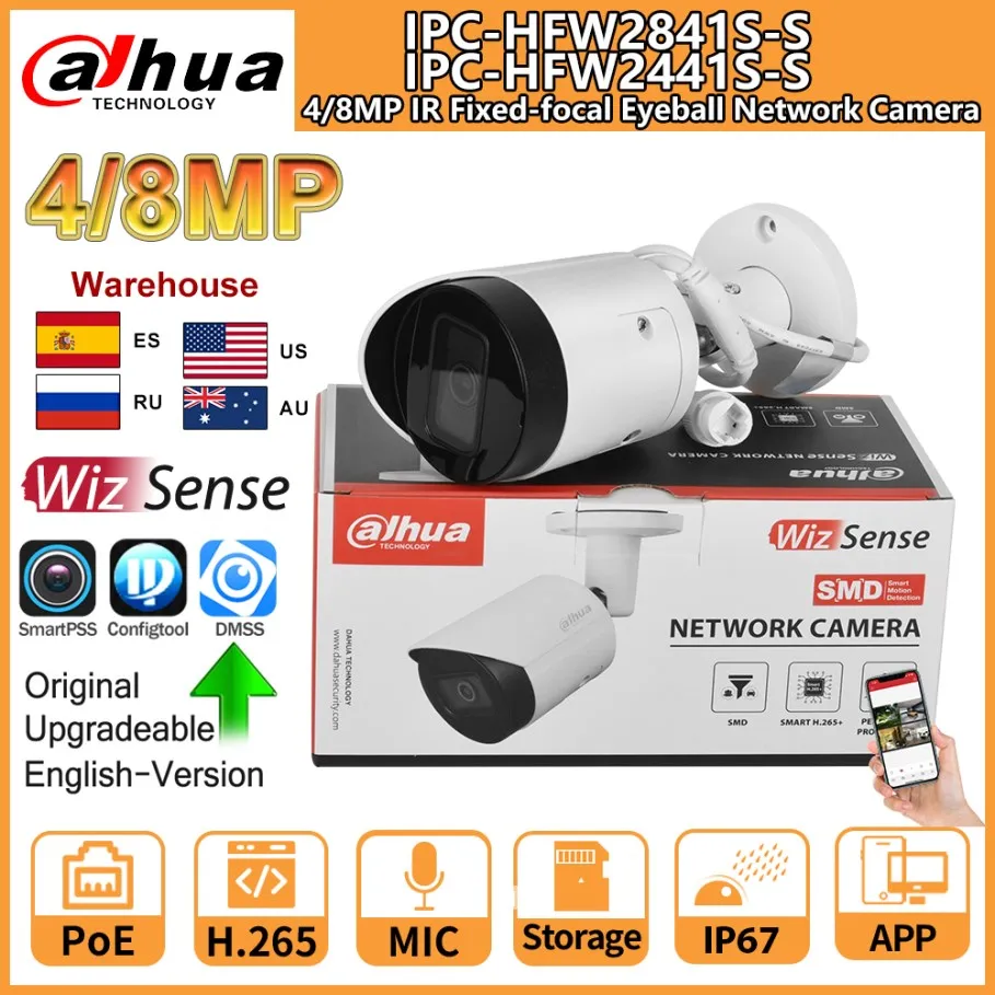 Dahua 8MP IP Camera Bullet 4K IPC-HFW2841S-S 4MP IPC-HFW2441S-S PoE IR Built in MIC SD Card Slot WizSense Video Surveillance