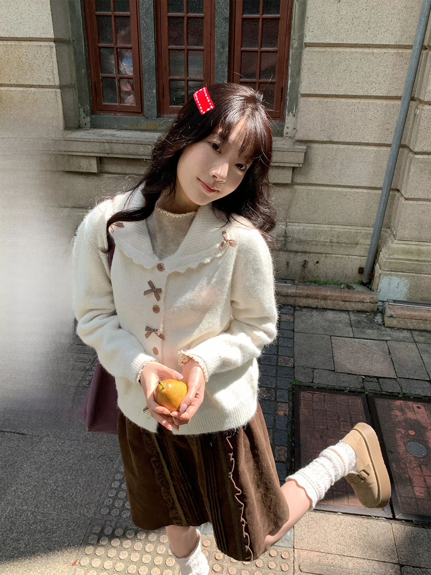 

Holli Korean Sle Sweet Loose Plaid Bear Knitted Cardigan Women's Doll Collar Button up Sweater Casual Warm Long Sve