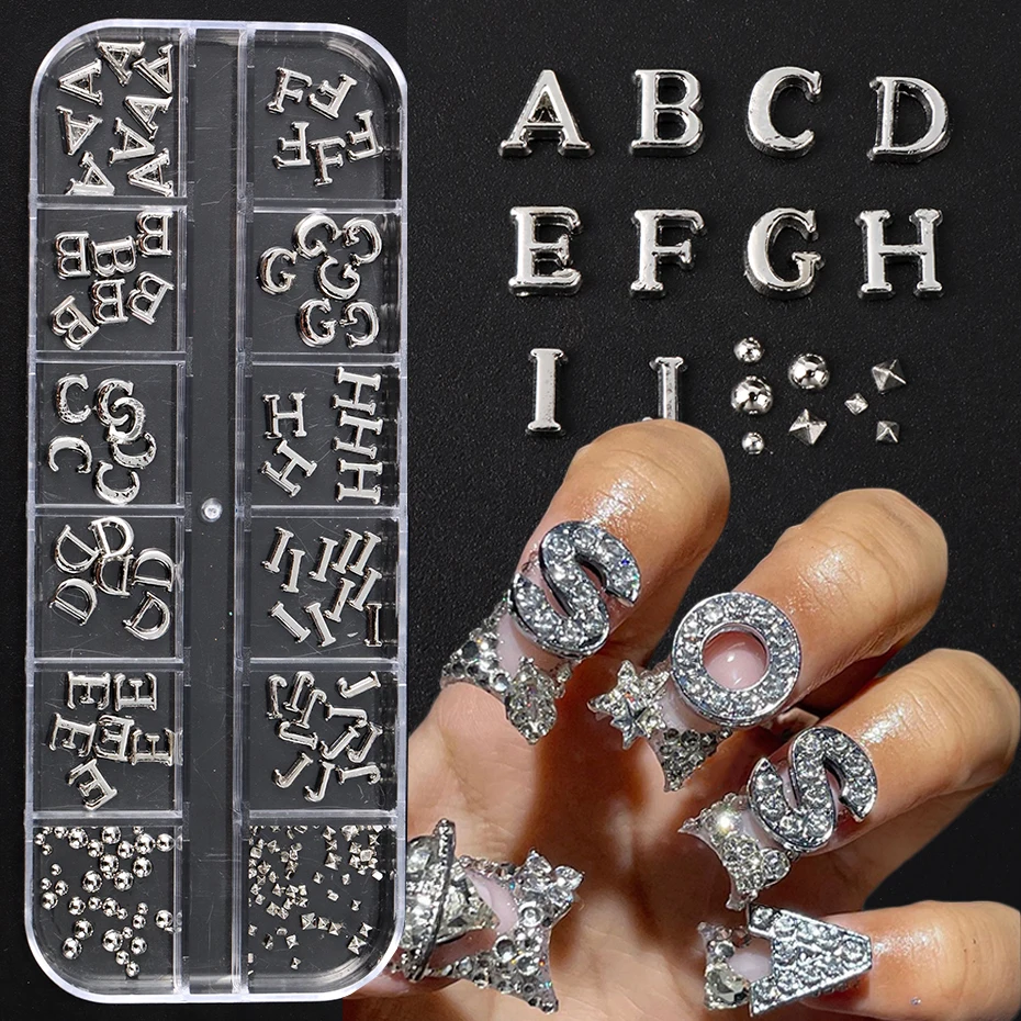 Sparkling letter bead Nail Charm - Slivery Alloy Alphabet & Number Nail Art Accessories for Women Y2K Sparkling Rhinestone Charm