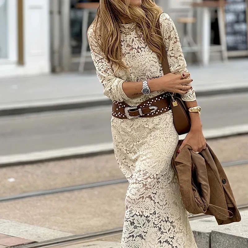 Chic New Autumn Vintage Long Sleeve Women's Party Dress Elegant Solid Straight Office Dresses Lace Embroidered Slim Street Robe
