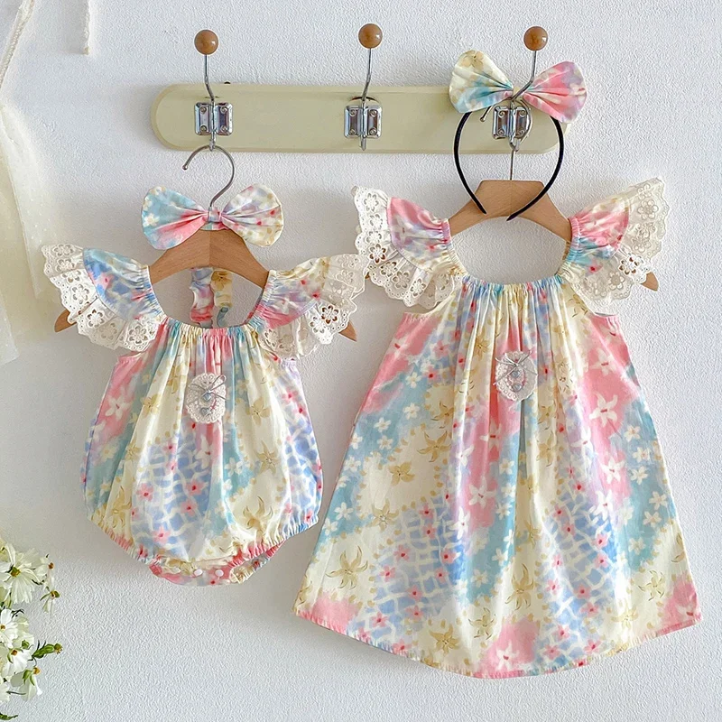 2026 New Summer Sister Clothing Kids Princess Dresses Flying Sleeve Cotton Print Splice 2-7Yrs Girl Party Dress Infant Romper