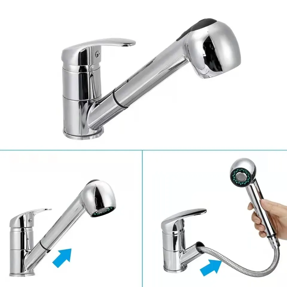 BAOKEMO Kitchen Faucet Pull Out Spout Hot And Cold Mixer Tap 360° Rotation Spray Polished Chrome Sink Water Saving Deck Mounted