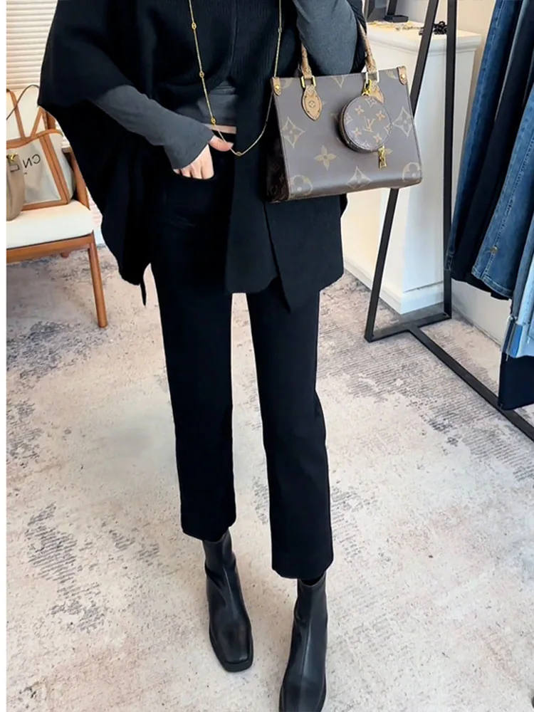하이웨이스트 안감 있는 스트레이트 레그 진 여성용 2025년 신상 블랙 가을 겨울 슬림핏 레이디스 브레드스티 팬츠