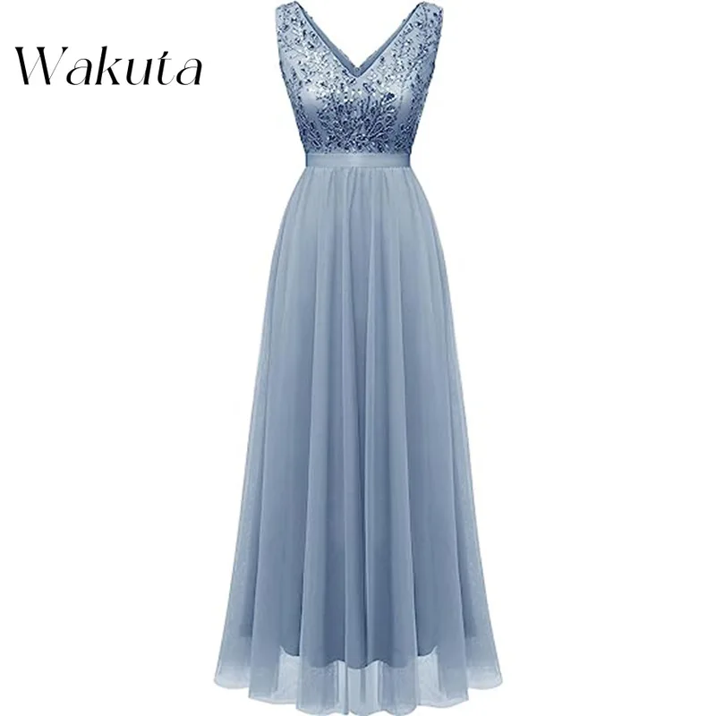 Wakuta Fashion Abendkleid mit V-Ausschnitt, ärmellos, Applikation, klassische Taille, plissiert, Chiffon, A-Linie, Bankett-Robe, Dubai, Luxe 2017- 2017-