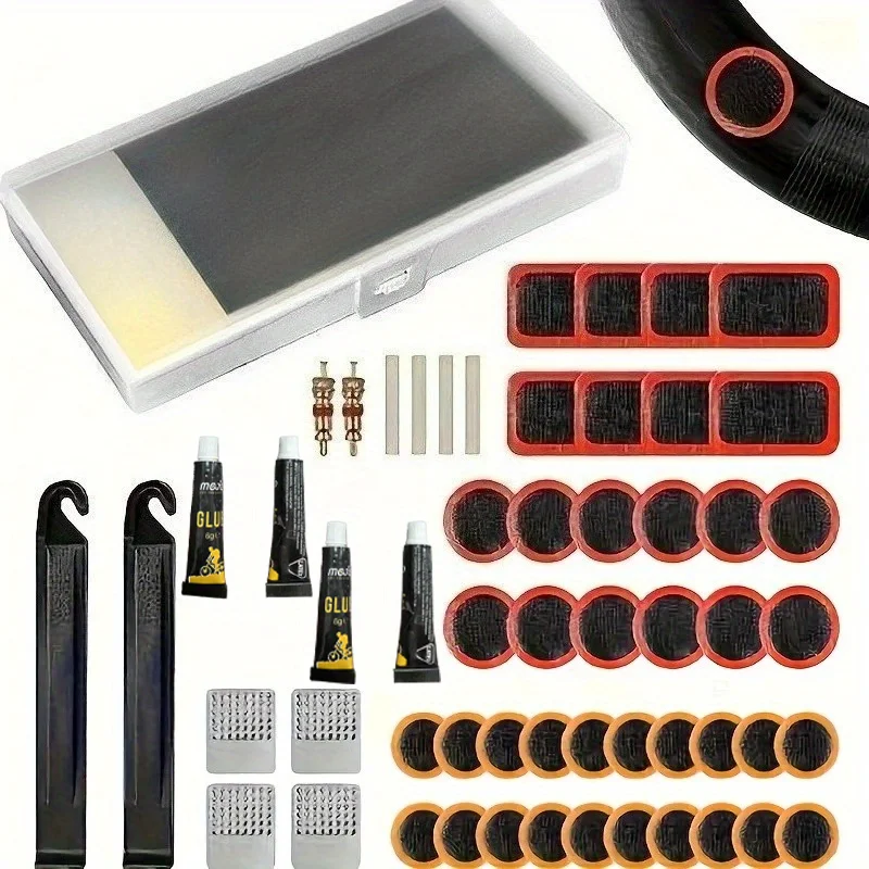 

56PCS Bicycle Tire Repair Kit Vulcanizing Patches Glue & Tire Levers Inner Tube Fix for MTB/Road Bike - Universal for Bike/Moto
