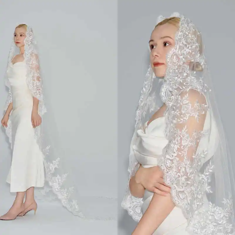 

Элегантные кружевные свадебные фаты длиной до пола с простыми аппликациями, длинные свадебные фаты, свадебное платье на заказ