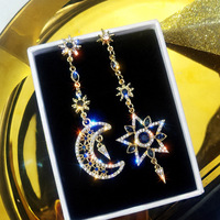 925 Silver needle asymmetrical earrings female new fashion Korean temperament long five-pointed star moon personality earrings