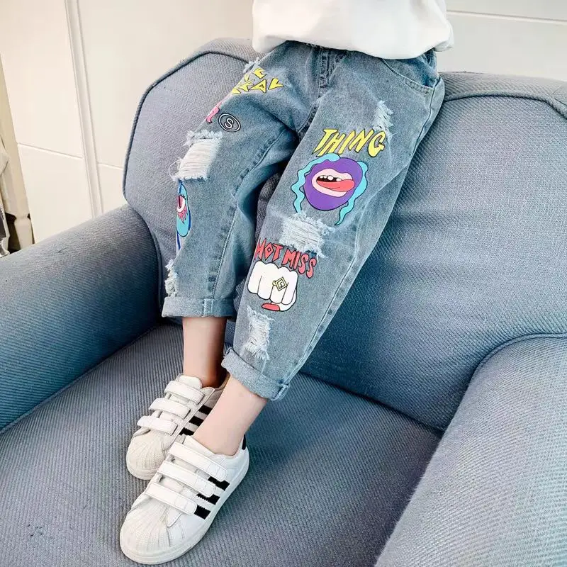 Kids Girls Jeans 2023 New Spring And Autumn Korean Edition Clothing Dad Pants Medium Size Loose Fit Children\'s Perforated Pants