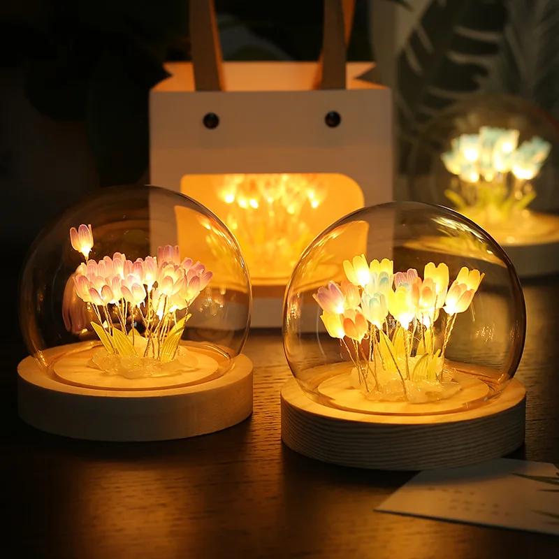 Luz nocturna de tulipán para mesita de noche hecha a mano, lámpara de mesa de flor de tulipán, 10/20 piezas, funciona con pilas