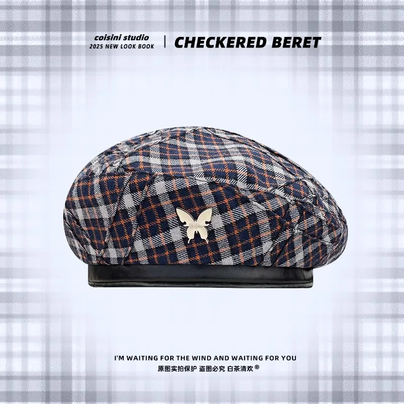 

Retro College Style Color Matching Plaid Berets for Women Spring Autumn Travel Versatile Sweet Metal Butterfly Painter Hats
