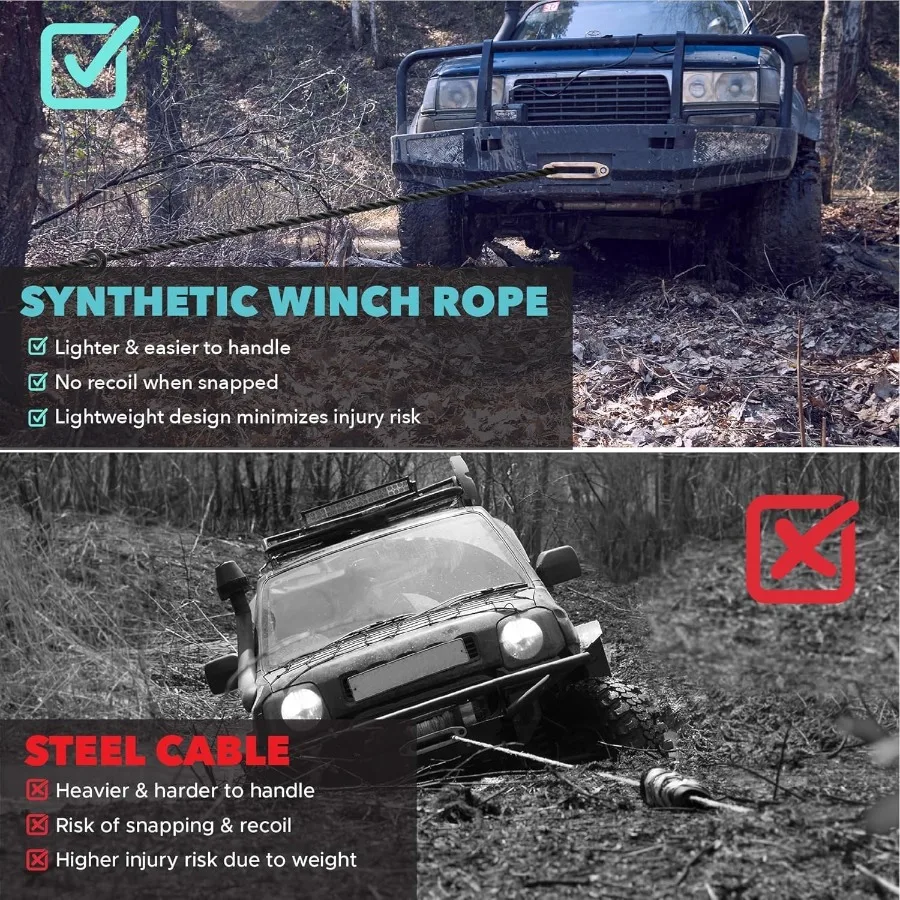 เชือกไวน์ชสังเคราะห์ 1 4 x 50 ฟุต รับน้ำหนักได้ 8500 ปอนด์ แข็งแรง ทนทาน น้ำหนักเบา สำหรับรถ ATV UTV รถบรรทุก 4x4 รถออฟโรด ลากจูง