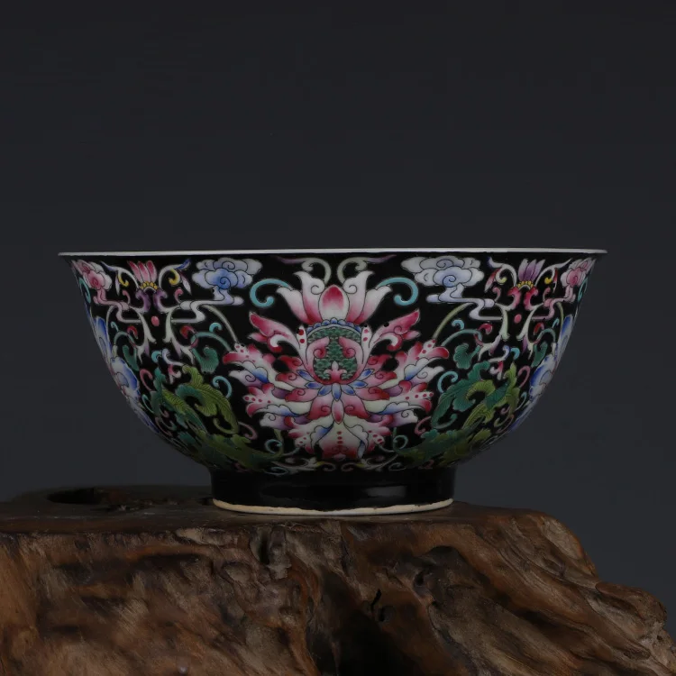 Kangxi Black Enamel Tangled Lotus Bowl Antique Jingdezhen Hand-painted Antique Porcelain Chinese Ornaments