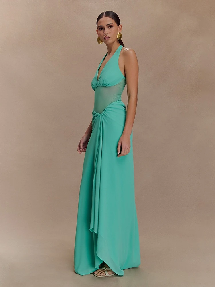 Abito sexy senza schienale con scollo a V in tinta unita stile americano Abito sexy senza maniche in rete trasparente alla moda Clubwear sottile fino al pavimento