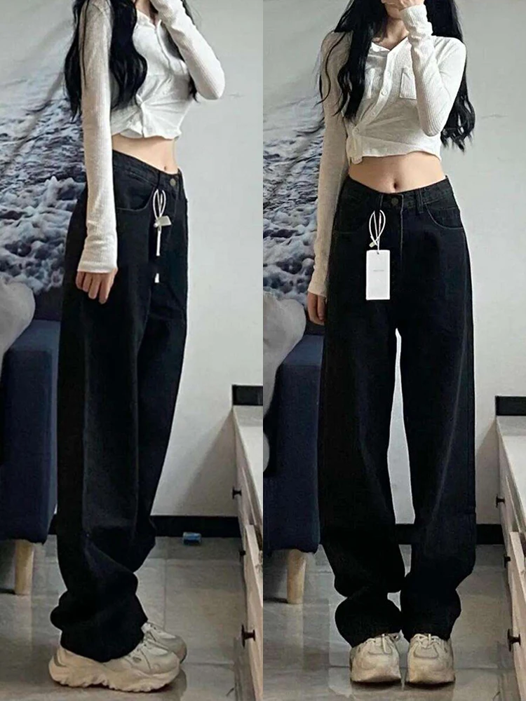 التخسيس عالية الخصر واسعة الساق الجينز المرأة الصيف رقيقة حجم كبير فضفاض طويل مستقيم قطع الدينيم السراويل العصرية Ins Sle الأزرق العميق