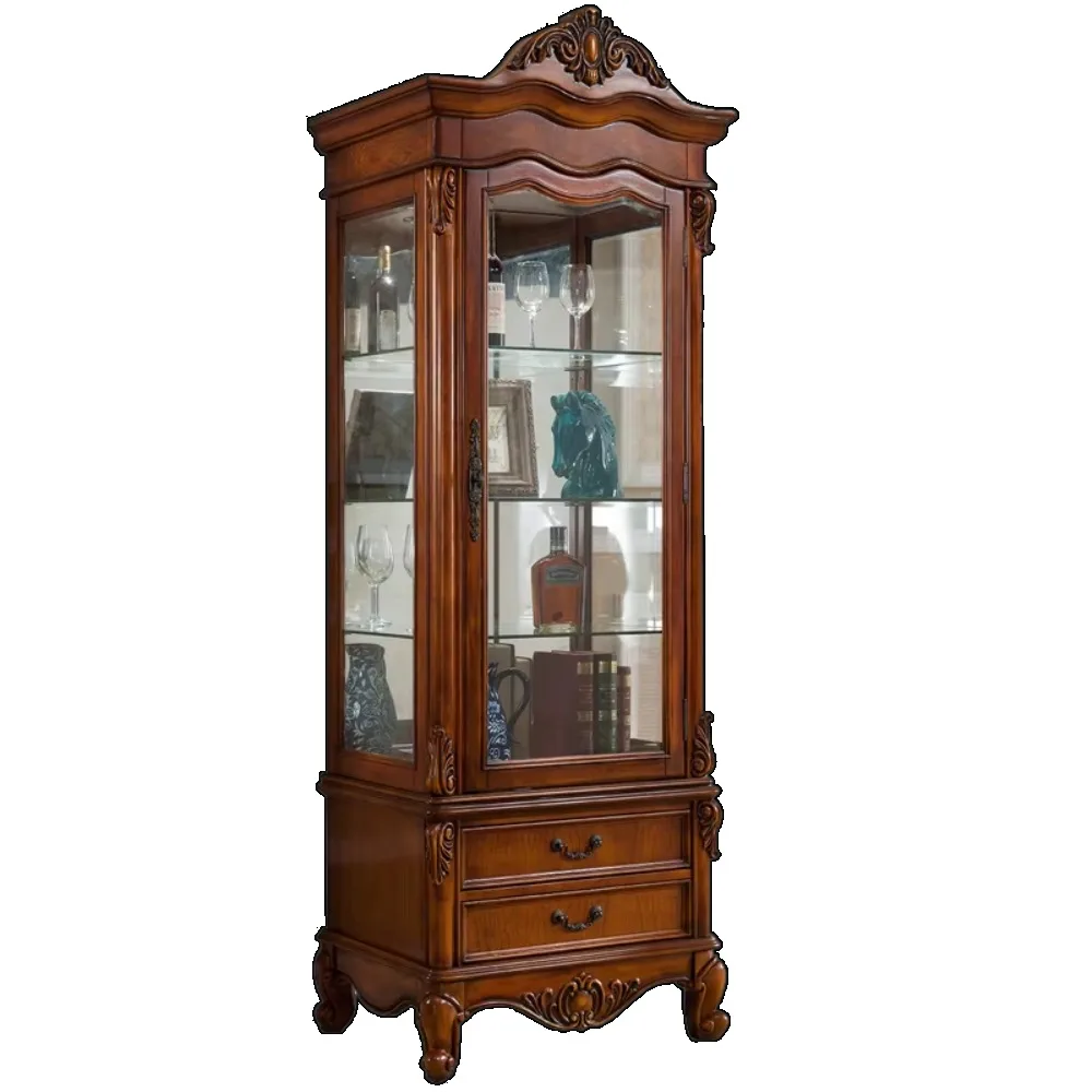 American Country & European Style Solid Wood Carved Living Room Storage & Display Cabinet with Single Door