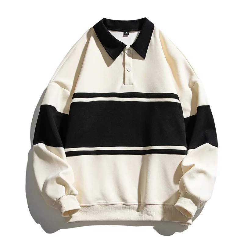 Men Polo Collar Sweatshirts Spring Autumn Vintage Striped Patchwork Pullover Tops Casual Loose Hoodies Male Harajuku Streetwear