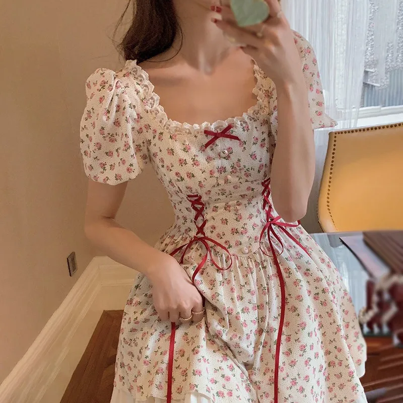 Zomer elegante vierkante hals korte damesjurk met korte mouwen en bloemenprint Mori meisjesstijl bladerdeegjurken strikje kanten ruche