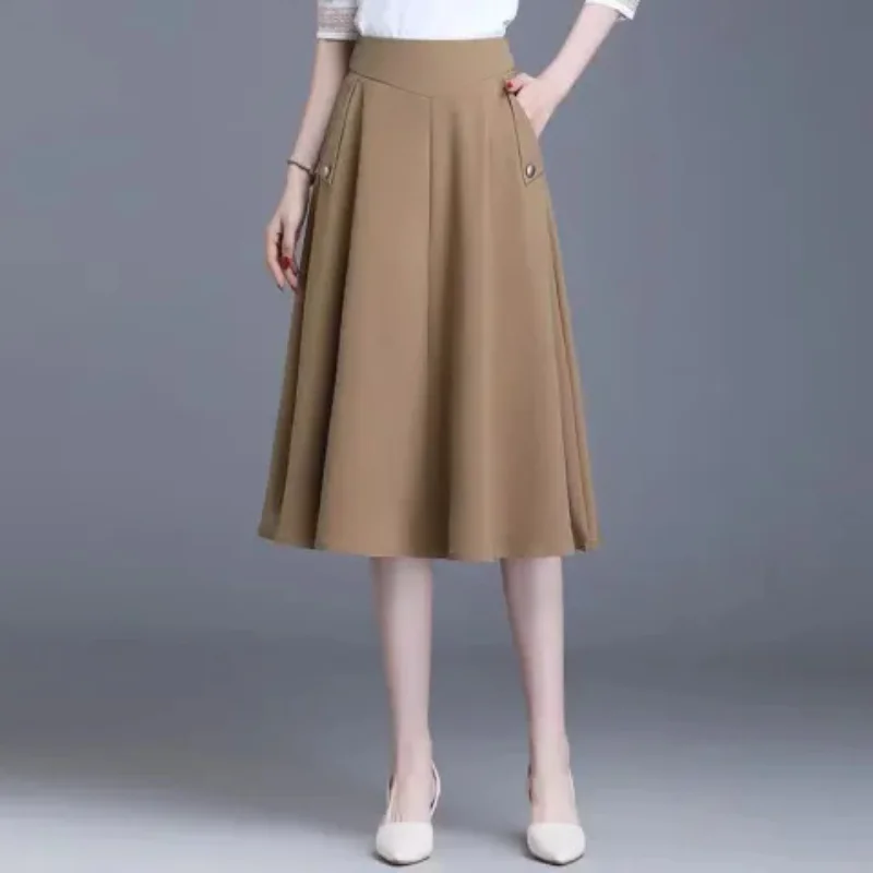 

Women's Spring Summer A-line Midi Skirt With Pockets Elegant Versatile Elastic Waist Slim Fit Casual Daily Dress