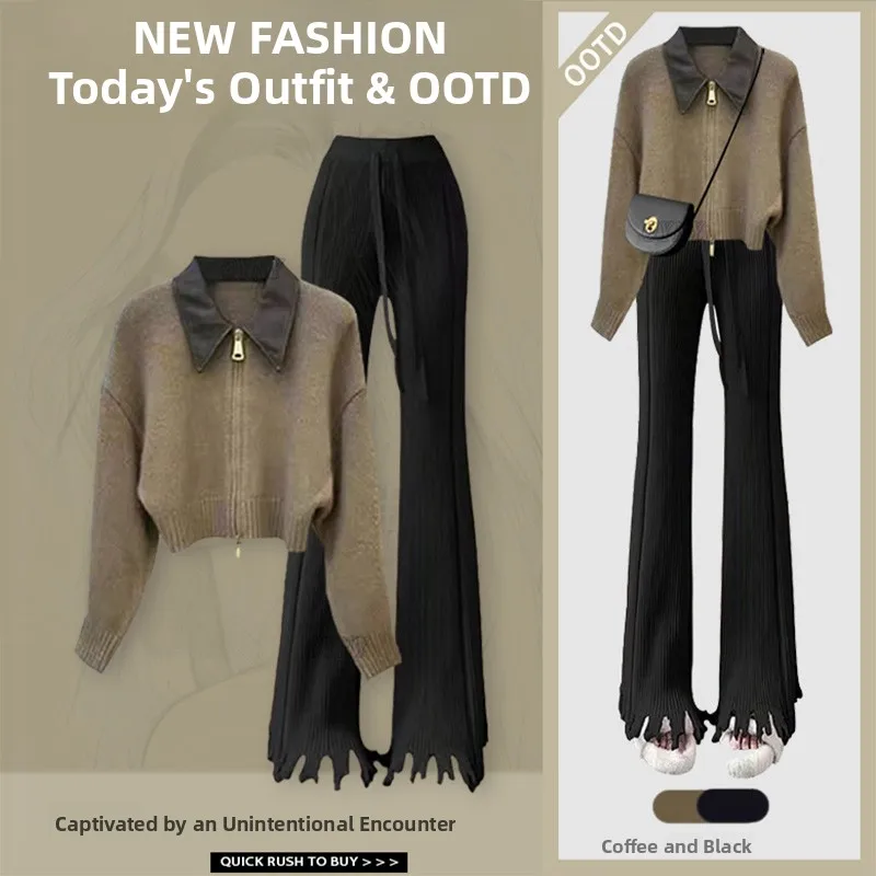 

Vintage Artistic Design Long Sve Sweater And High Waist Slimming Flared Pants Two Piece Set plus Size Autumn Profional ...