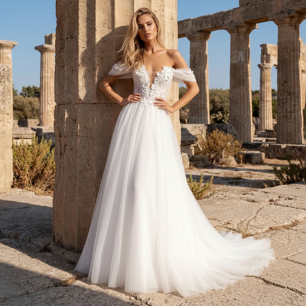 

Romantic Lace Tulle Ball Gown Wedding Dress With Train Vestidos Novia Appliques Off Shoulder Bridal Party Gown For Bride Long