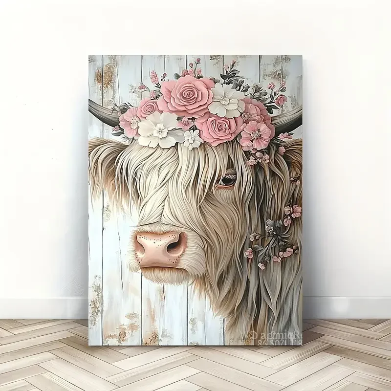Room Decor 1pc Rustic No Framed Highland Cow Diamond Art Print, Floral Crown Wall Decor, Woven Bachelor Party Home & Office D