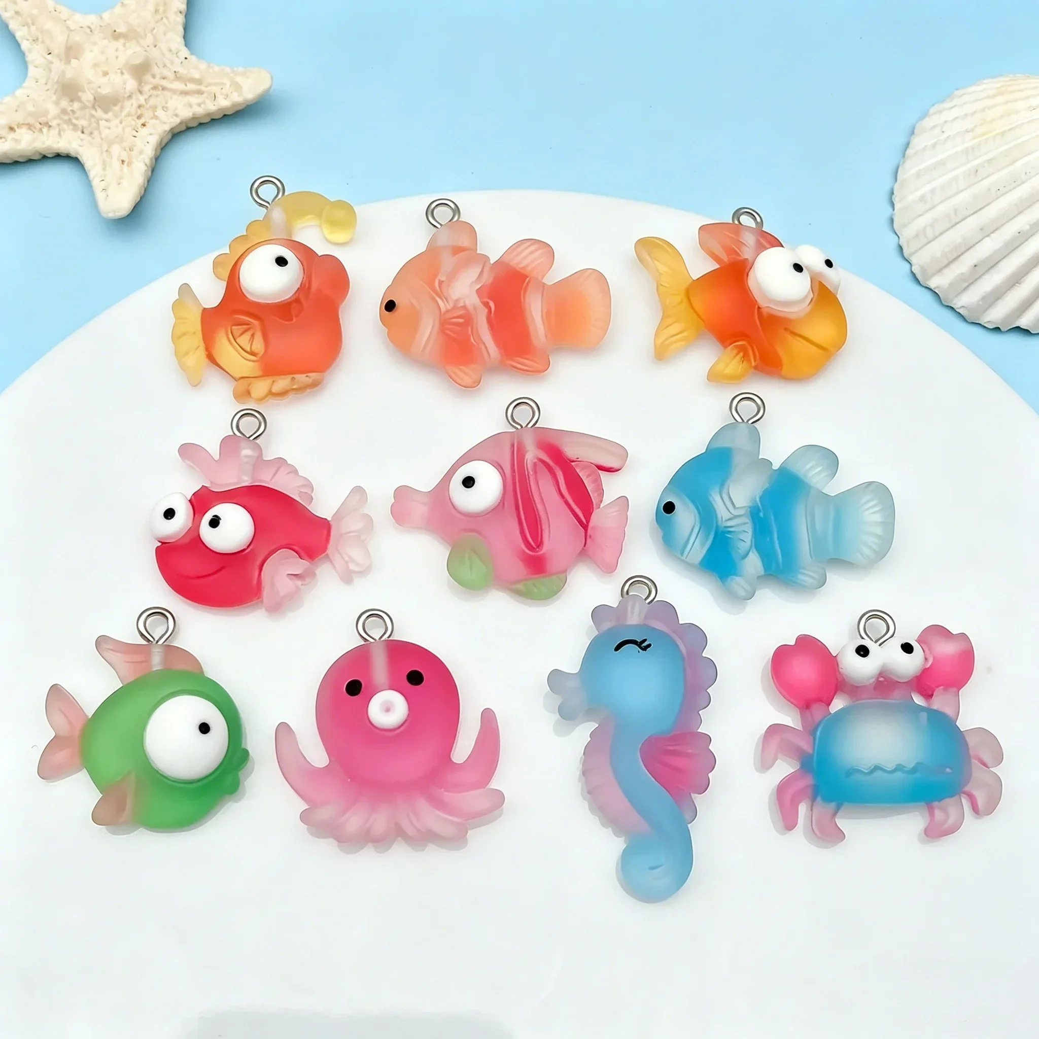 10Pcs 3D Mini Sea Creature Resin Pendants Flatback Ocean Animal Charms DIY Craft Supplies for Handmade Jewelry Making