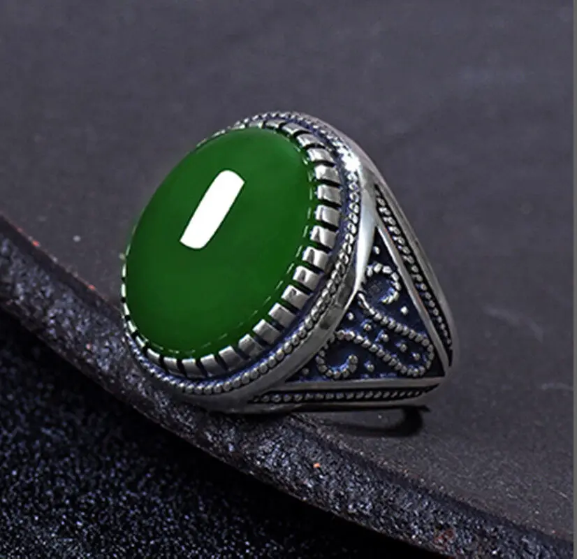 New Men\\\'s Classic Vintage Fashion Micro Set Green Zircon Ring Opening Chinese Fashion Antique Pattern Accessories