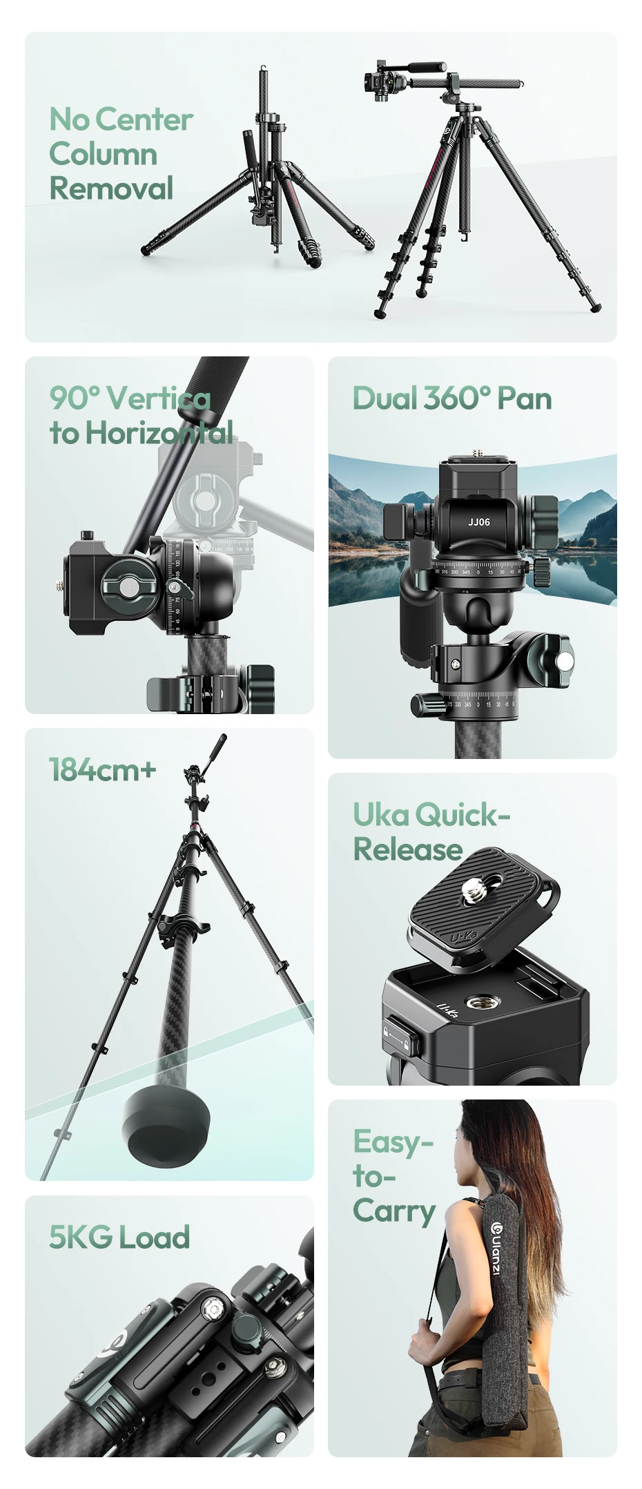 Ulanzi JJ06 GlideGo Video-Reisestativ für Canon Nikon Sony DSLR-Kamera, 5 kg Last, vertikal, horizontal, mit Uka-Schnellverschluss – Detail 2