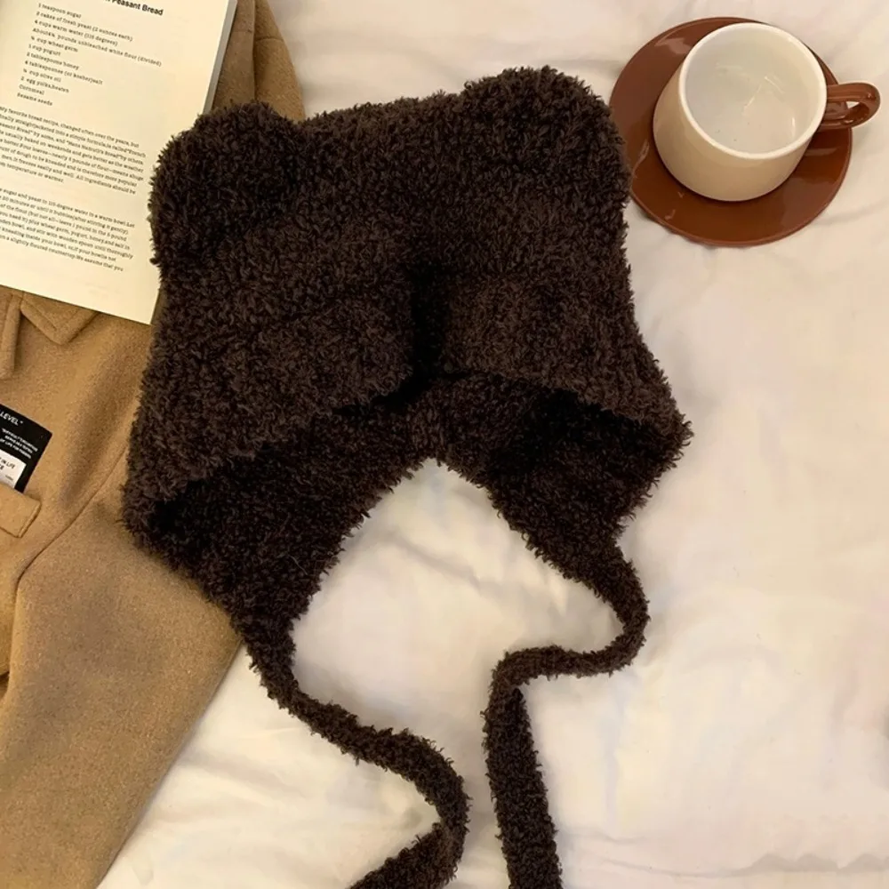 Fashion Cute Lambhair Bear Ear Hat Harajuku Thick Plush Knitted Bear Hat Warm Tie Pullover Y2K Beanies Caps Women