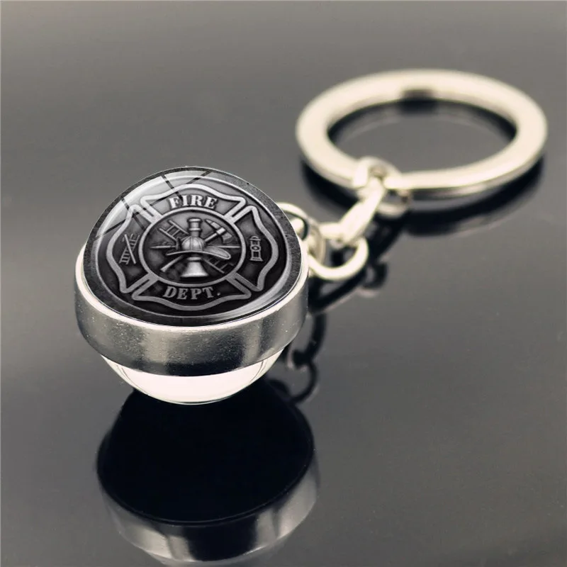 Rescue Firefighter Keychain Fire Extinguisher Hat Axe Tool Double Sided Glass Ball Pendant Metal Key Chain Men Car Key Ring