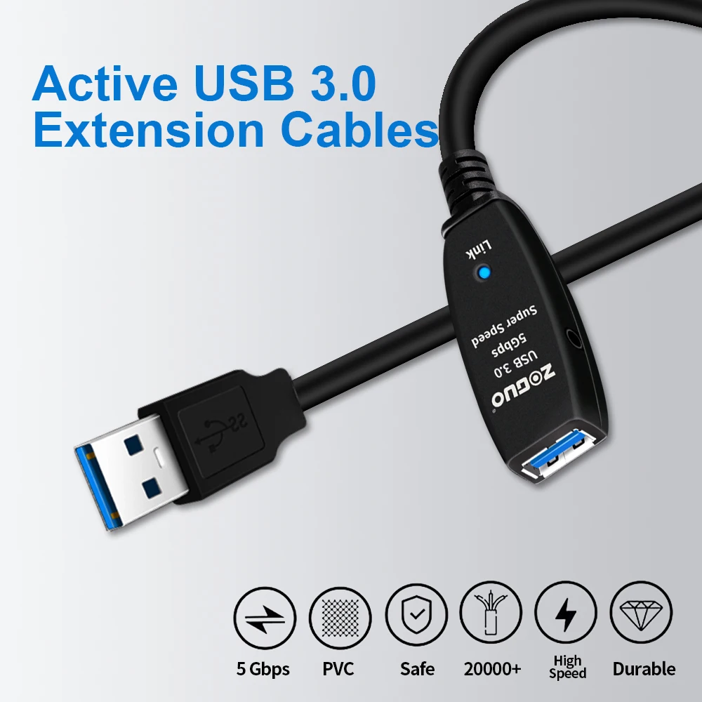 

ZOGUO Active USB3.0 2.0 Extension Cable Extender Male to Female 5Gpbs fast speed for smart laptop PC TV Xbox One SSD 10m/15m/20m