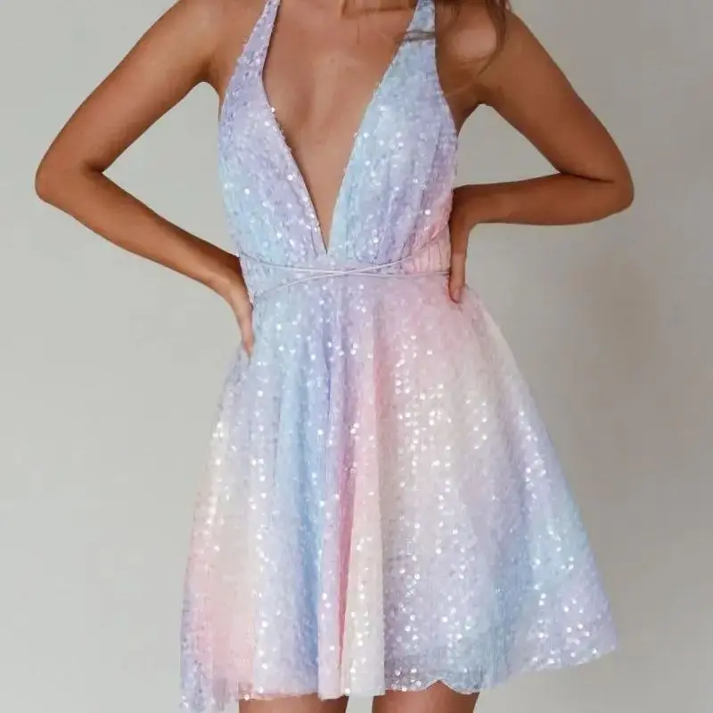 

High Quality Fashionable Dress Sexy Suspender Sequin Bow Contrasting Color Dress New Women's Clothing