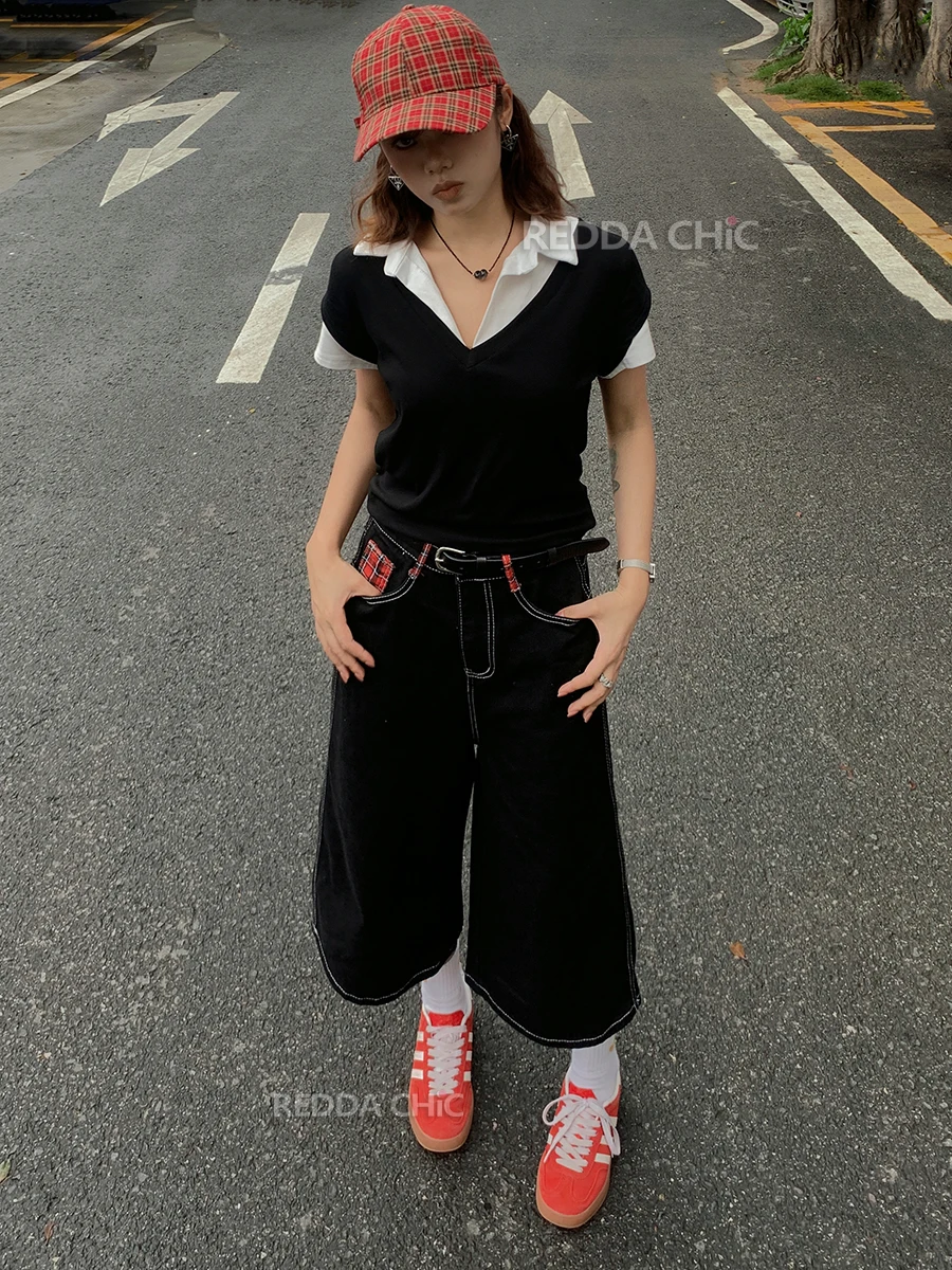 REDDACHiC Tartan Retro Patchwork Baggy Jorts Women Low Waist Black Wash Plaid Casual Wide Pants Summer Denim Shorts Y2k Clothes