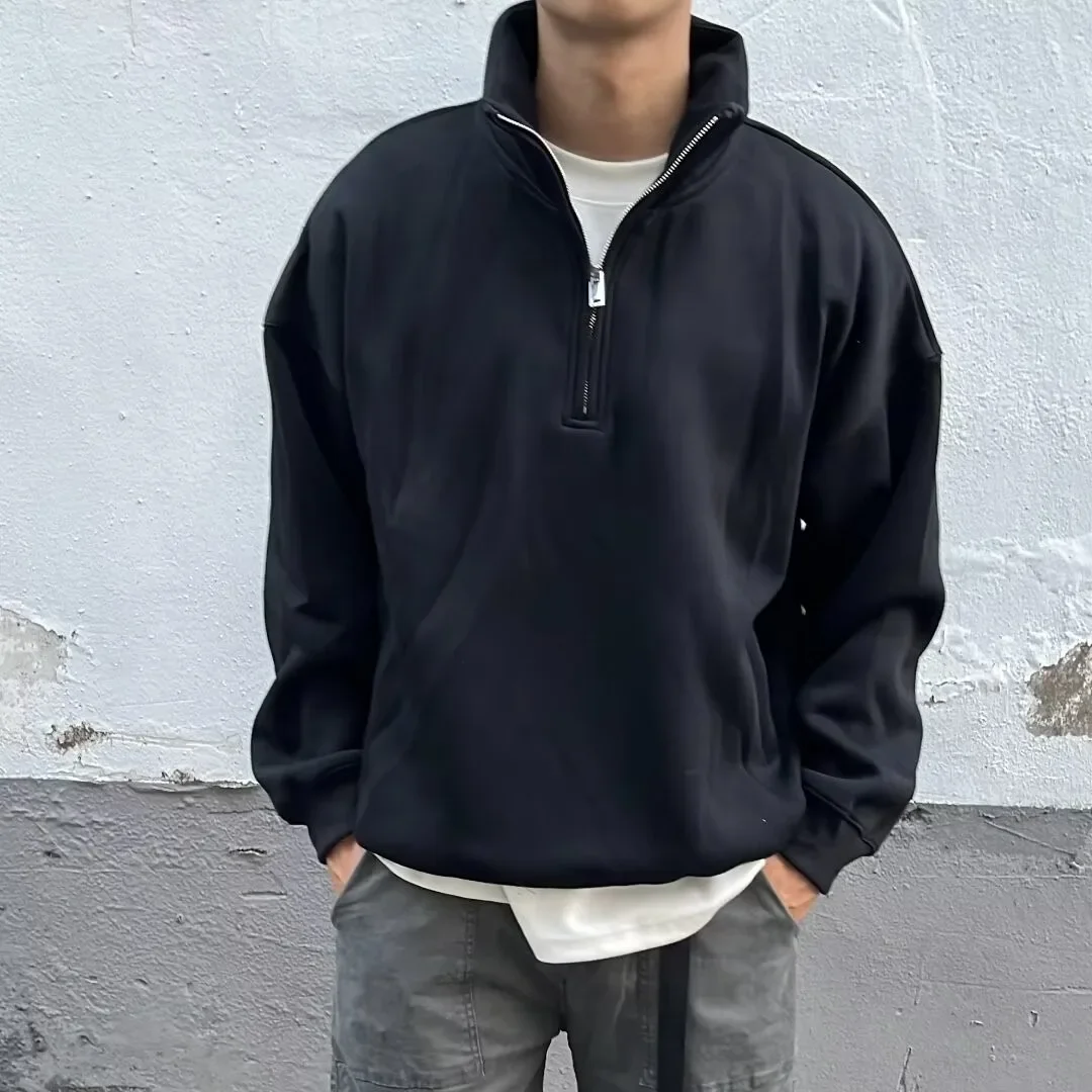 Felpa con mezza zip stile americano da uomo all'inizio della primavera Casual tinta unita giacca con colletto alla coreana vestibilità ampia abbigliamento Oversize da uomo