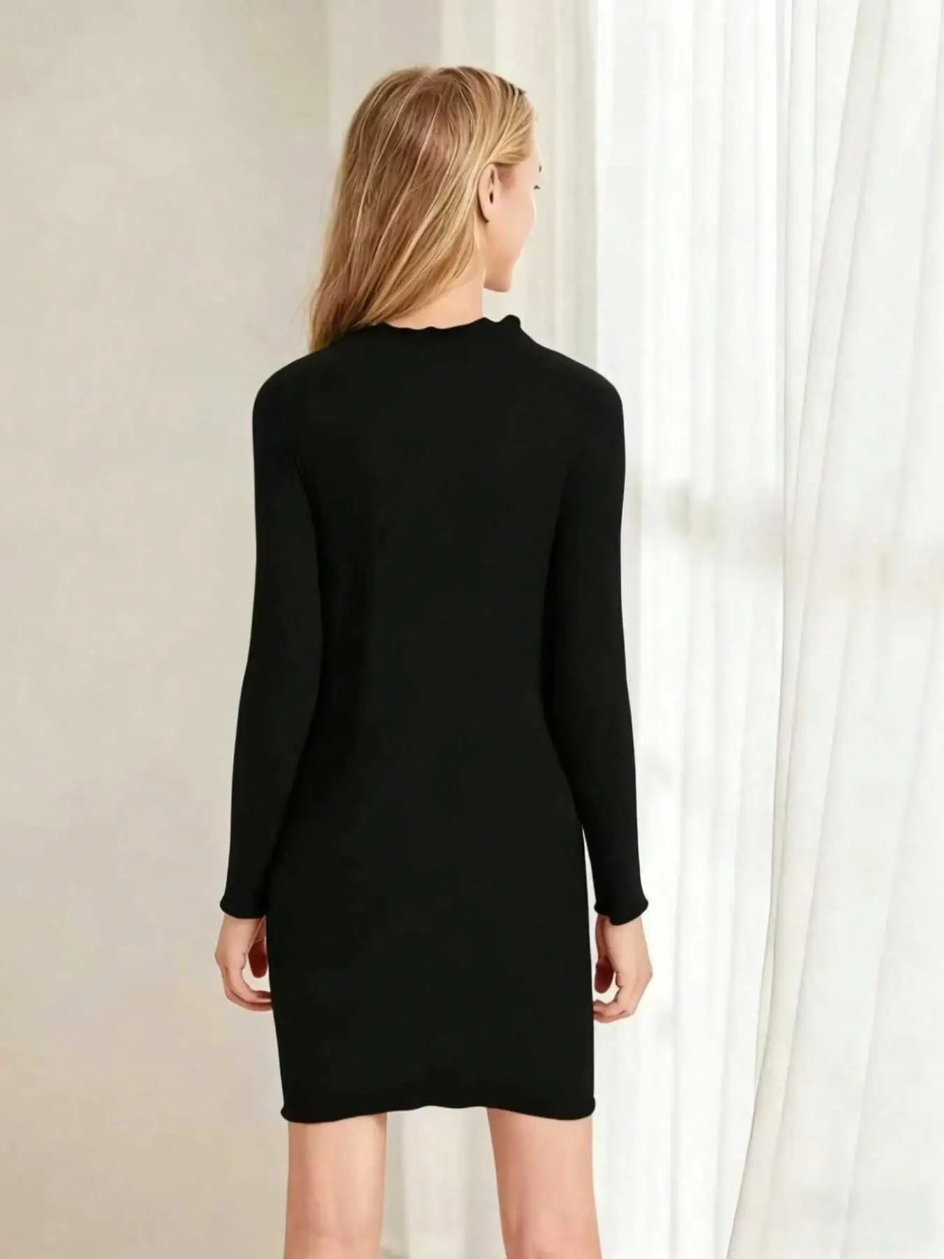Teenage Wave Edge Half-Neck Long Sleeve Dress Slim Fit Bodycon Mini Skirt Simple Elegant Daily Party Wear for Young Women