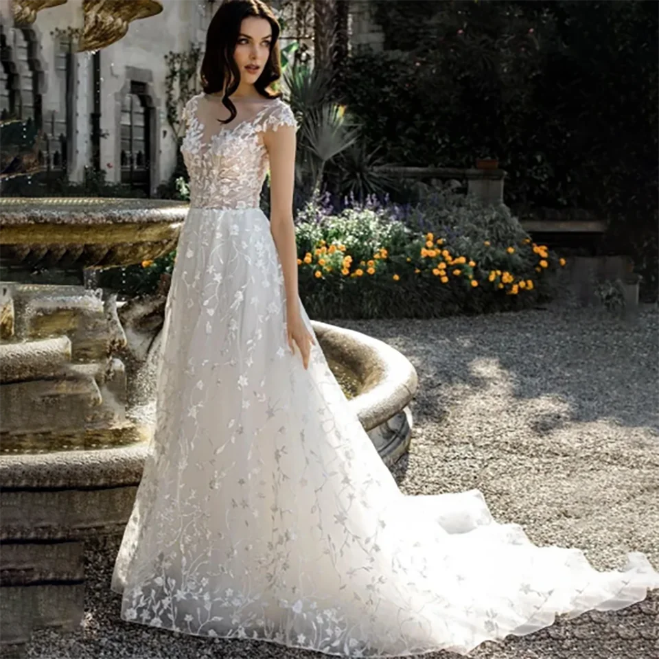 Customized Gorgeous Flowers Lace Appliques O Neck A Line Wedding Dresses 2024 Buttons Illusion Backless Court Train Bridal Gowns