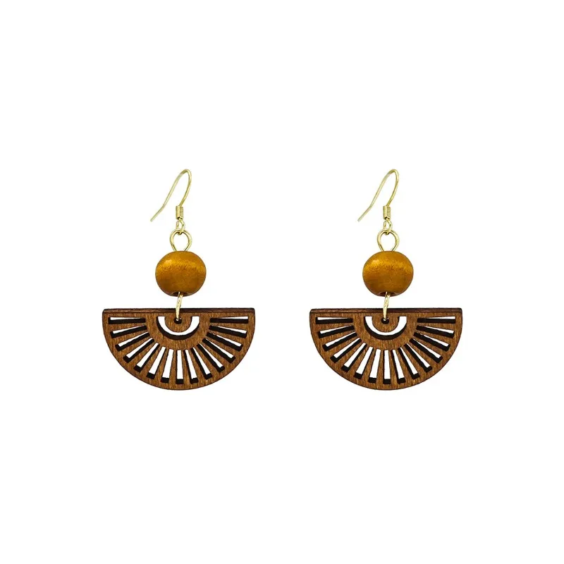 New Chinese Style Retro Hollowed Out Coffee Colored Fan Earrings with A Niche Design Feel, Wooden Ethnic Style Earrings