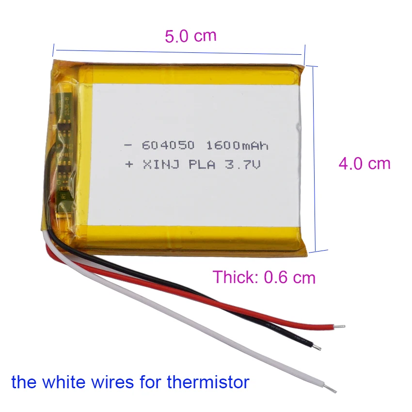 3.7V 1600mAh 5.55Wh Rechargeable Lipo Li ion Battery NTC 3 Wires for Thermistor JST 3Pin 1.0/1.25/1.5/2.0/2.54mm plug 604050