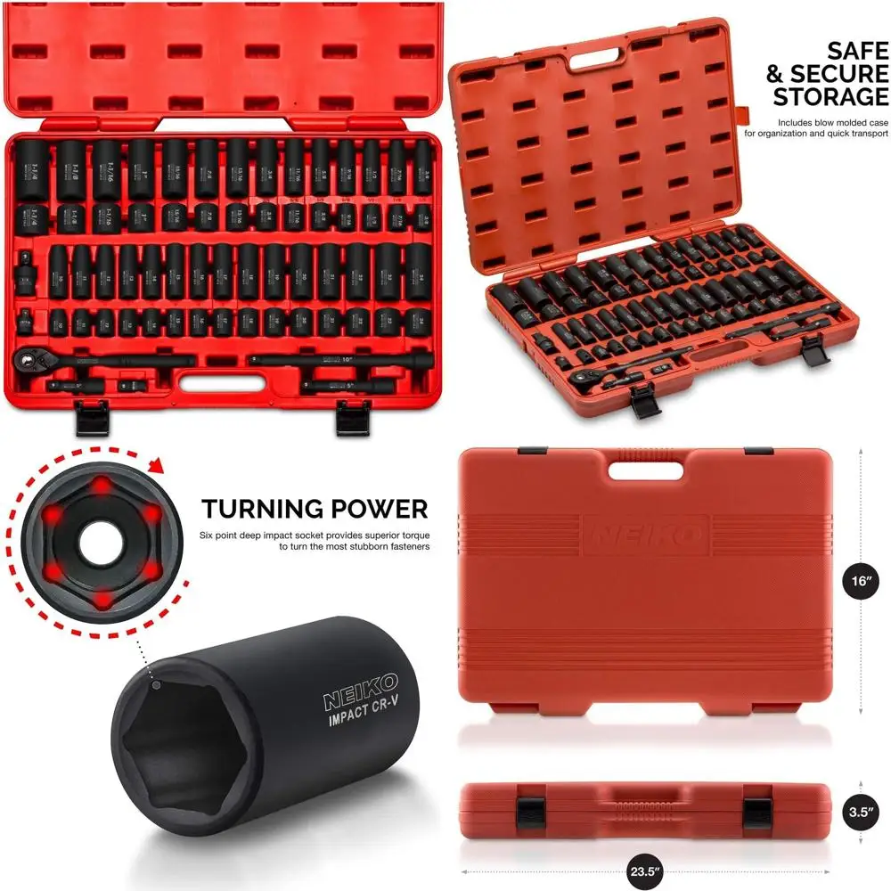 

02448A 1/2" Drive Master Impact Socket Set, 65 Piece, Standard SAE (3/8"-1-1/4") & Metric (10-24 mm) Sizes, Deep & Shallow Kit,