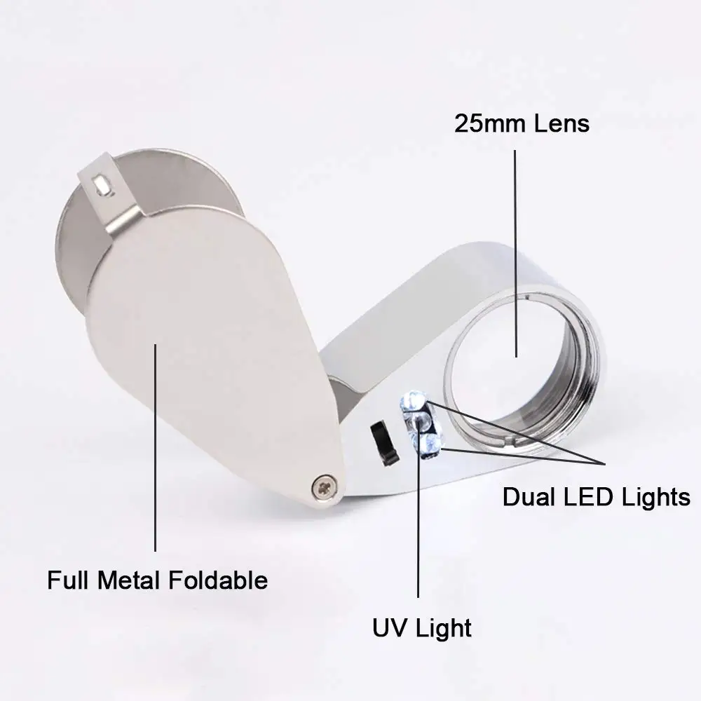 40-fache Metall-Schmucklupe mit LED-UV-Licht, Taschenlupe, faltbare Schmucklupe für Schmuck und Münzen – Detail 2