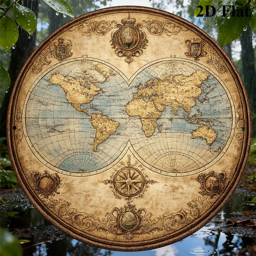 CIFBUY Vintage World Map Round Aluminum Wall Art Waterproof Rustproof Metal Decor for Living Room Study Bar