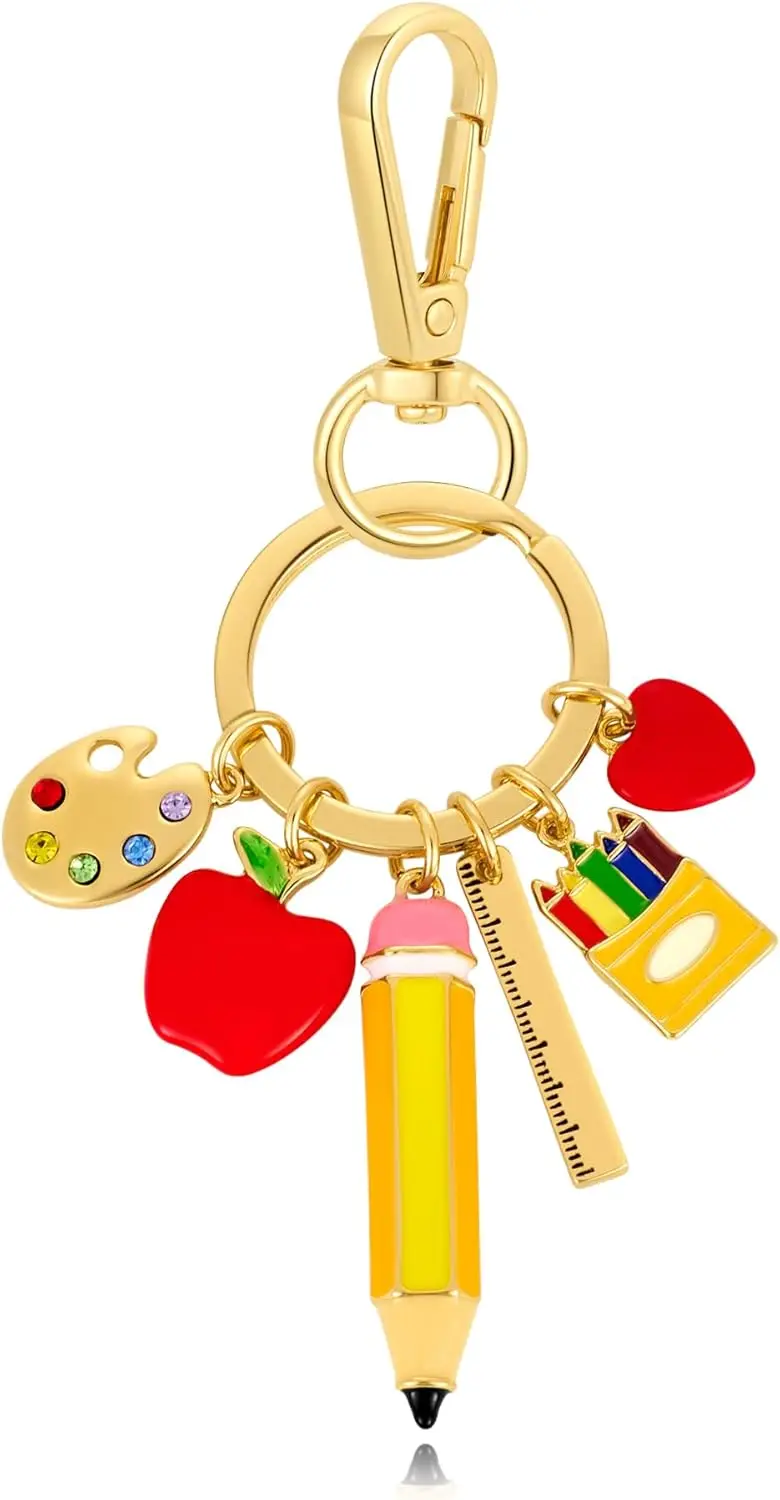 Teacher Keychain Bag Charm Cute Apple Pencil Purse Charm Keyring Teacher Appreciation Key Chain Ruler Palette Charms Accessories