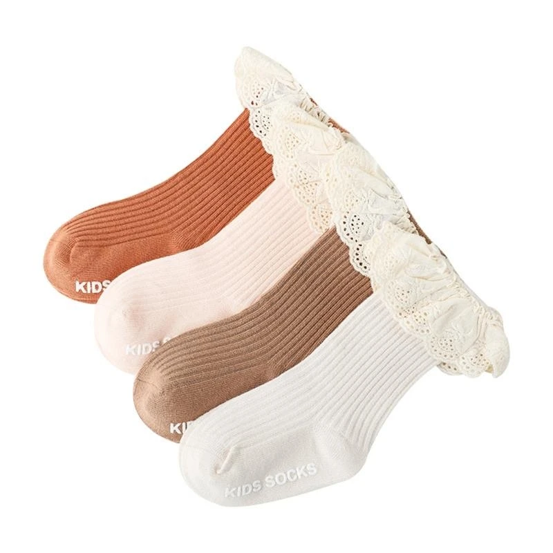 97BE Toddler Infant Baby Girls Knee High Socks with Grips Ruffled Lace Ribbed Knit Color Non-Skid Cotton Long Stockings