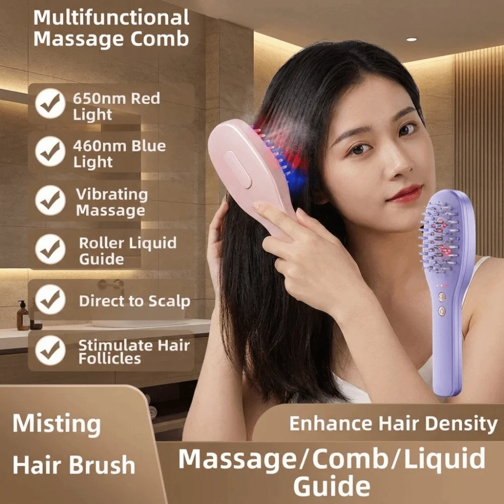2-In-1 Electric Spray Hair Brush Reduce Frizz Anti-Static Misting Hair Brush Electric Misting Red Blue Light Scalp Massage Comb