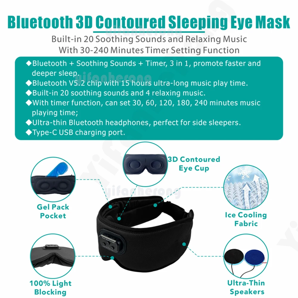 3D Bluetooth-compatibile 5.2 temporizzato Sleep Eye Mask auricolari Built-in white Noise Music con microfono Shading Sleep Headphones tipo C