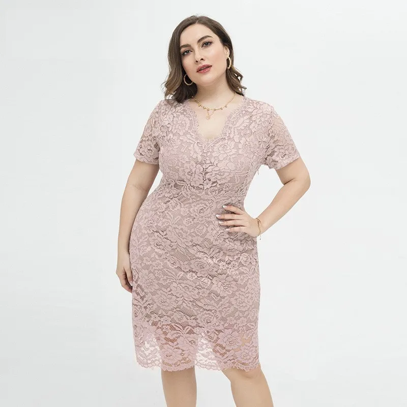 XL-5XL plus Größe Frauen Kleidung Sommer 2023 Kurzarm V-Ausschnitt einfarbig Mesh Spitze sexy elegante Party Midi Abendkleider